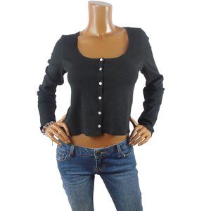 J. CREW Top M Black Knit Cardigan Button Down Cropped Shirt Long Sleeves Casual